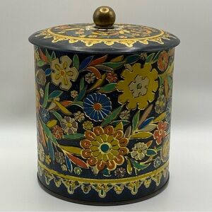 Vintage Daher Embossed Biscuit Tin 5.5” Tall Made in England Floral Boho Cottage